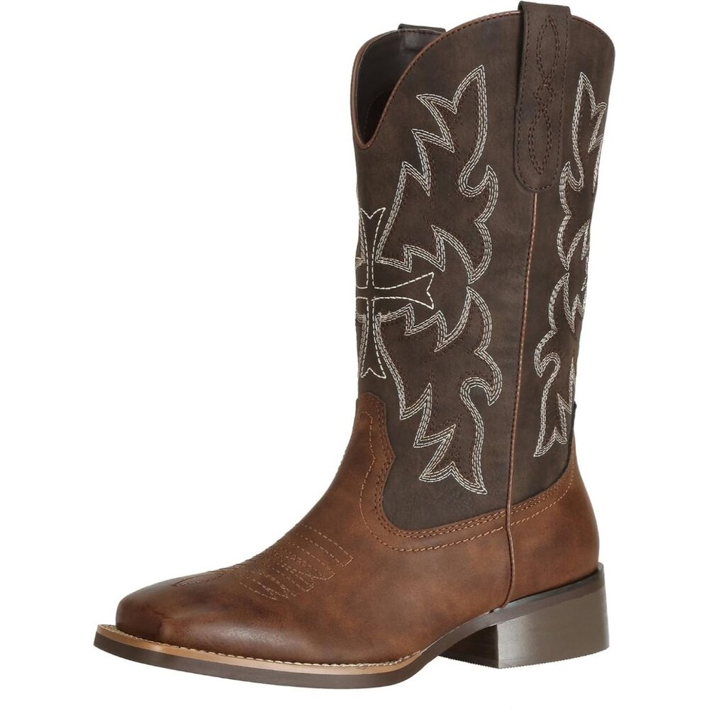 ⚡Women's Brown Cowgirl Boots Square Toe Wide Calf Ladies Fashion Western